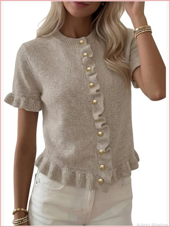 Sweaters - Short Sleeve Cropped Ruffle Cardigan Sweater Women's Dressy Lightweight Knit Top